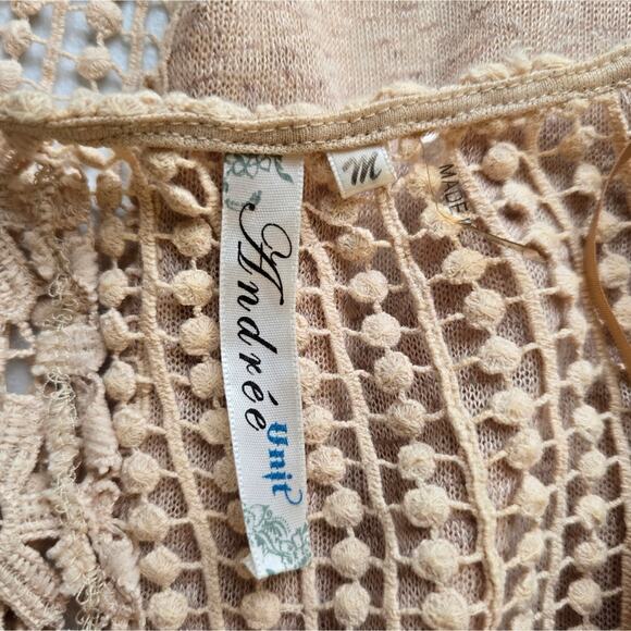 M Andree by Unit Oatmeal Cream Tan Open Front Long Cardigan Duster M Floral Lace - Picture 10 of 11